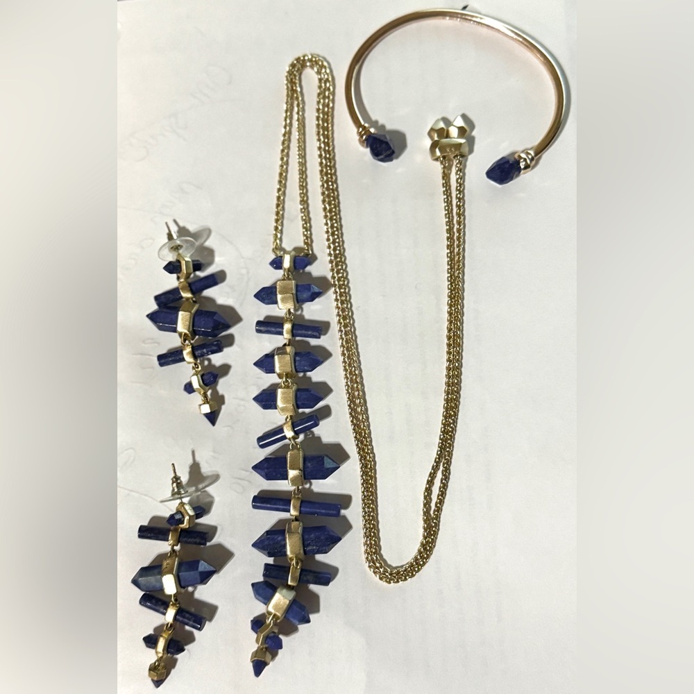 Kendra Scott blue lapis necklace, earrings, and bracelet